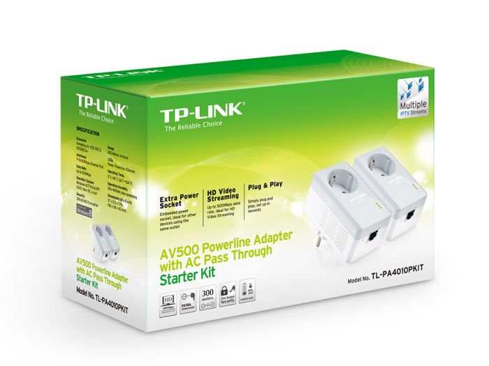 Комплект Адаптерoв Powerline TP-LINK  AV600, 1xFE, (TL-PA4010 2шт), Розетка TP-Link TL-PA4010PKIT