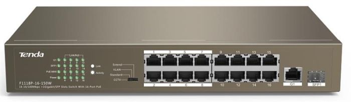 Комутатор TENDA  16xFE PoE, 1xGE, 1xSFP Tenda TEF1118P-16-150W