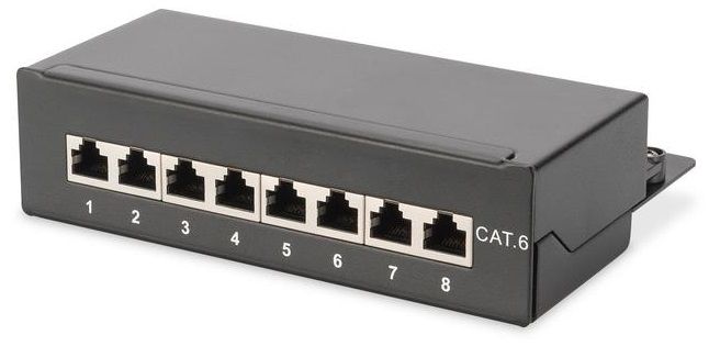 DIGITUS Desktop CAT 6 Patch Panel, shielded Class E, 8-port RJ45, 8P8C, LSA, color black RAL 9005
