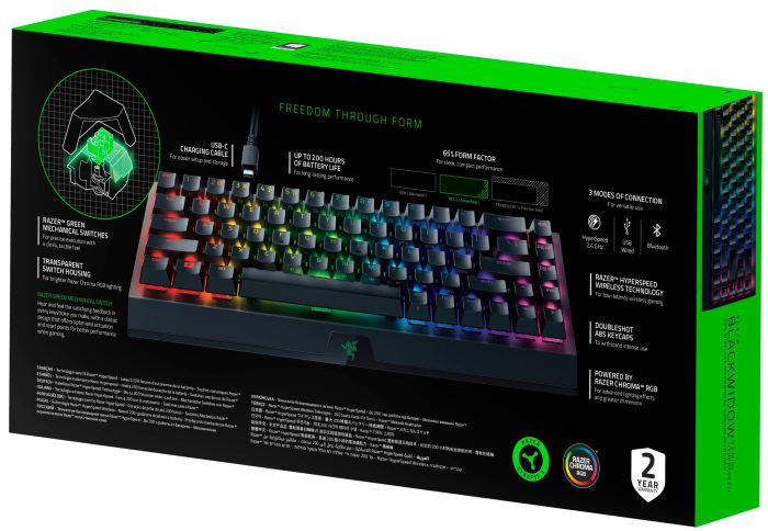 Клавіатура механічна Razer BlackWidow V3 Mini HyperSpeed 68key, Green Switch, USB-A/WL/BT, EN/RU, RGB, чорний