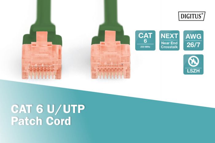Патч-корд DIGITUS CAT 6 UTP, 10м, AWG 26/7, Cu, LSZH, зелений