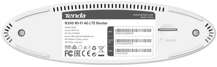 Маршрутизатор TENDA  N300, 4G/LTE, 1xFE LAN, 1xFE LAN/WAN, Cлот для SIM-карти Tenda 4G03
