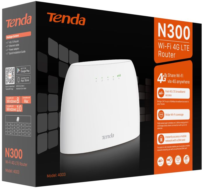Маршрутизатор TENDA  N300, 4G/LTE, 1xFE LAN, 1xFE LAN/WAN, Cлот для SIM-карти Tenda 4G03