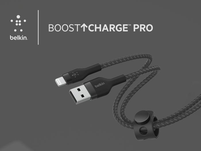 Кабель USB-A > Lightning заряджання/синхронізації Belkin 1м, плетений, силіконовий, з ремінцем на магніті, чорний