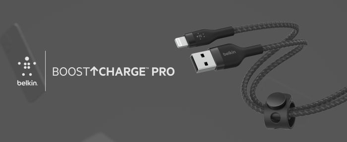 Кабель USB-A > Lightning заряджання/синхронізації Belkin 1м, плетений, силіконовий, з ремінцем на магніті, чорний