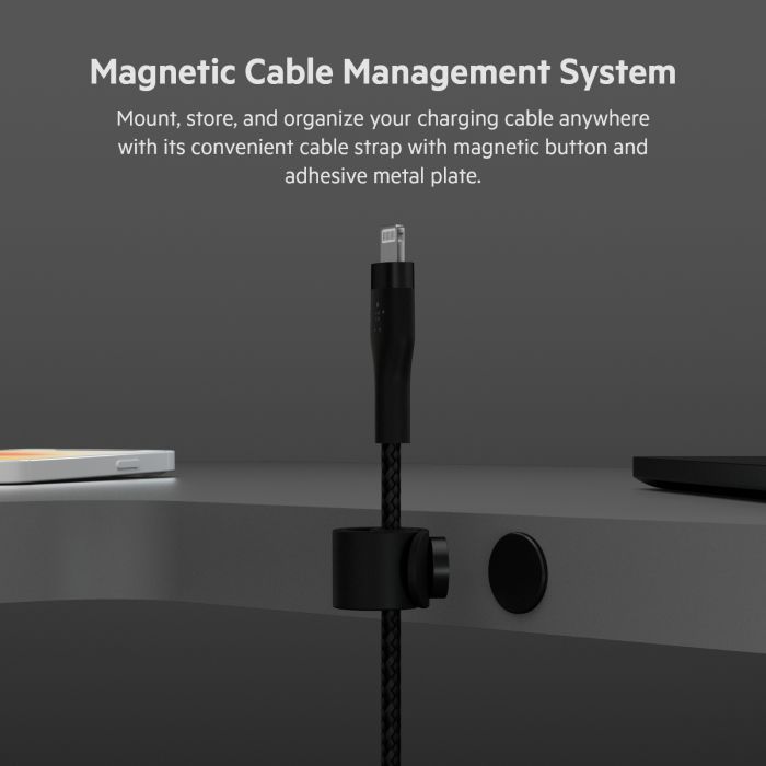 Кабель USB-A > Lightning заряджання/синхронізації Belkin 1м, плетений, силіконовий, з ремінцем на магніті, чорний