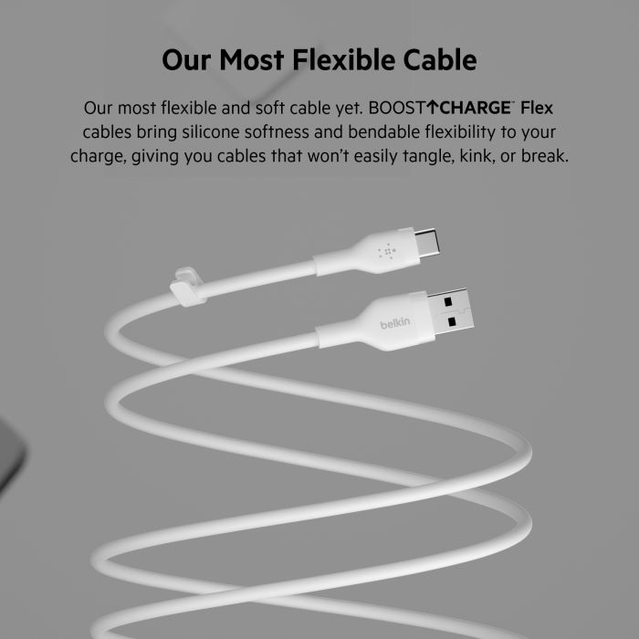 Кабель USB-A > USB-C заряджання/синхронізації Belkin 2м, 15Вт, Type-C, силіконовий з кліпсою, білий