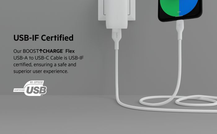 Кабель USB-A > USB-C заряджання/синхронізації Belkin 2м, 15Вт, Type-C, силіконовий з кліпсою, білий