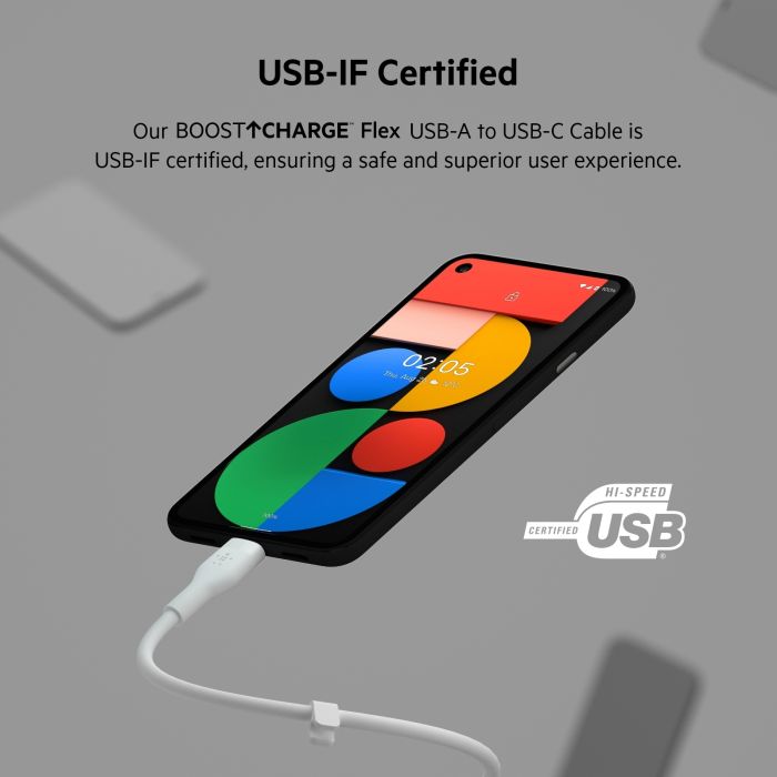 Кабель USB-A > USB-C заряджання/синхронізації Belkin 2м, 15Вт, Type-C, силіконовий з кліпсою, білий