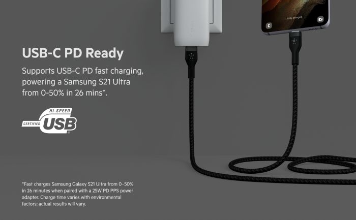 Кабель USB-C > USB-C заряджання/синхронізації Belkin 1м, 60Вт, Type-C, плетений, силіконовий, з ремінцем на магніті, чорний