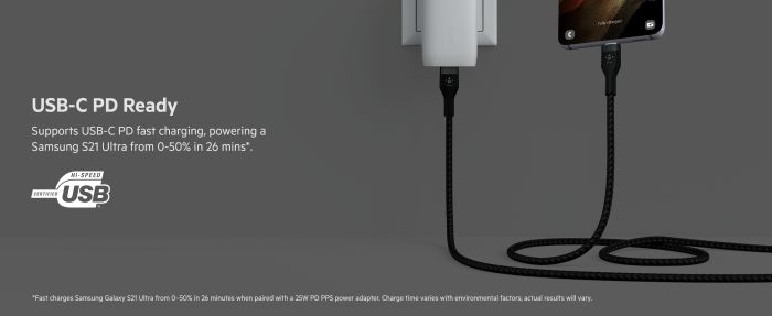 Кабель USB-C > USB-C заряджання/синхронізації Belkin 1м, 60Вт, Type-C, плетений, силіконовий, з ремінцем на магніті, чорний
