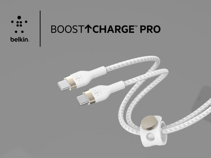 Belkin сable USB-C > USB-C charge/data, 1m, 60W, Type-C, BRAIDED SILICONE, strap with magnet, white