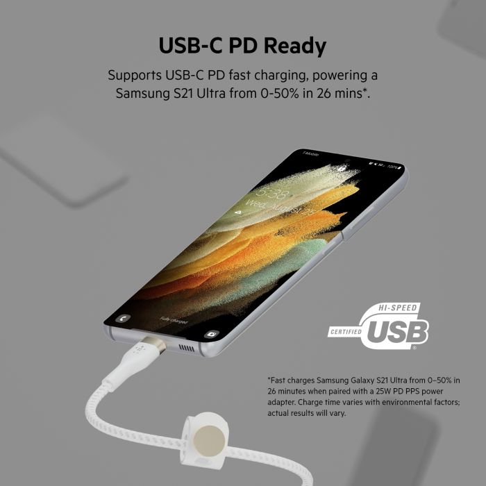 Belkin сable USB-C > USB-C charge/data, 1m, 60W, Type-C, BRAIDED SILICONE, strap with magnet, white