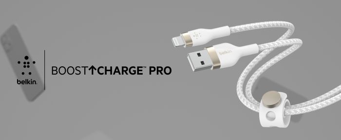 Кабель USB-A > Lightning зарядки/синхронизации Belkin 1м, витой, силиконовый, с ремешком на магните, белый