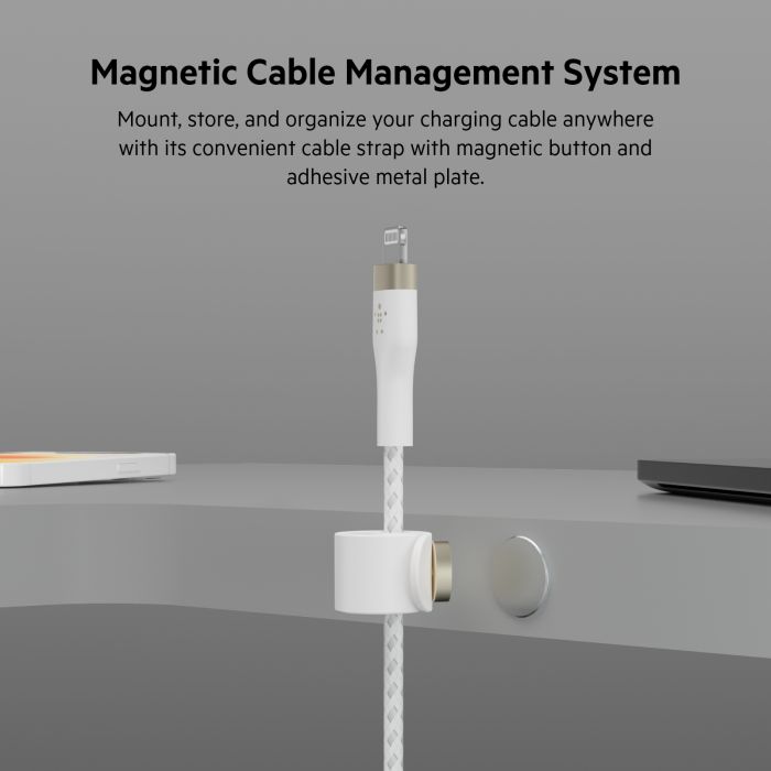 Кабель USB-A > Lightning зарядки/синхронизации Belkin 1м, витой, силиконовый, с ремешком на магните, белый