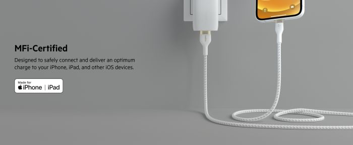 Кабель USB-A > Lightning зарядки/синхронизации Belkin 1м, витой, силиконовый, с ремешком на магните, белый