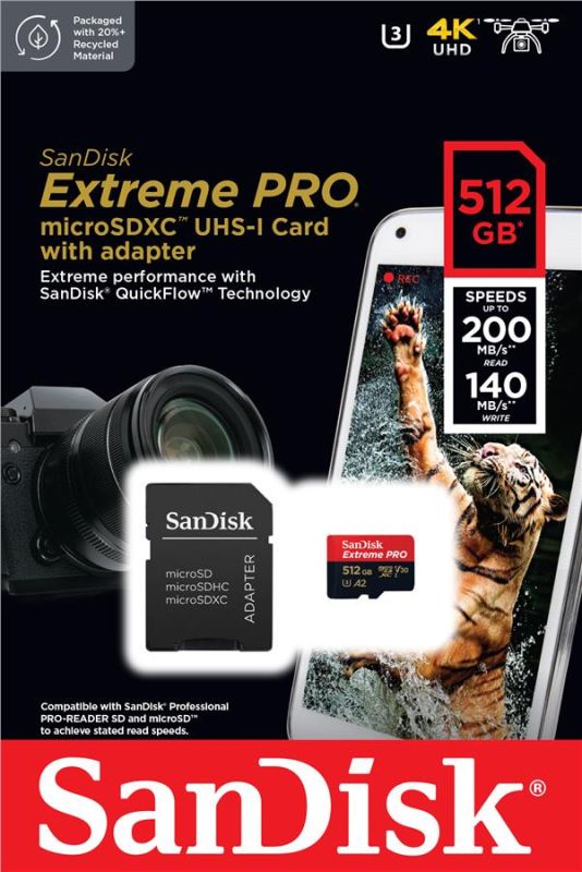 SanDisk microSD  512GB C10 UHS-I U3 R200/W140MB/s Extreme Pro V30 + SD