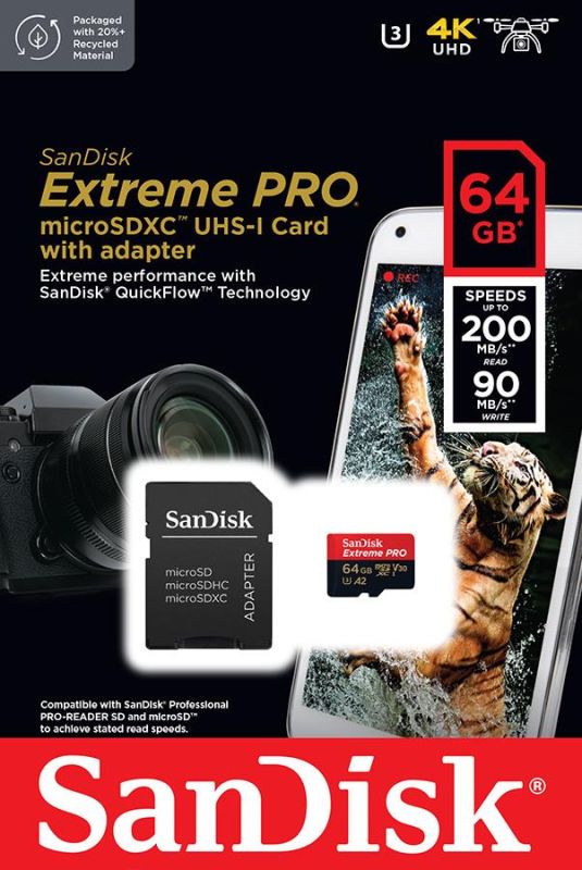 SanDisk microSD   64GB C10 UHS-I U3 R200/W90MB/s Extreme Pro V30 + SD