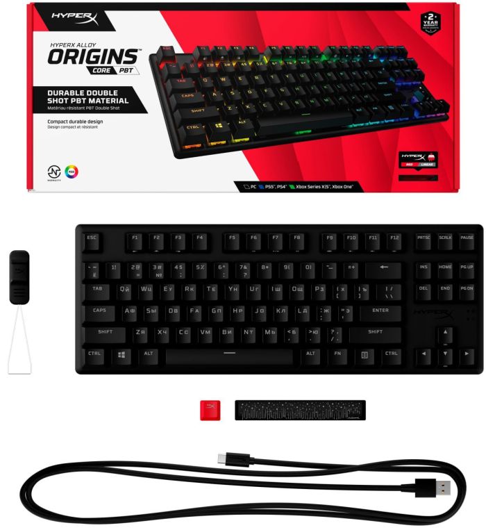 HyperX mechanical keyboard Alloy Origins Core PBT 87key, Red, USB-A, EN/UA, RGB, black
