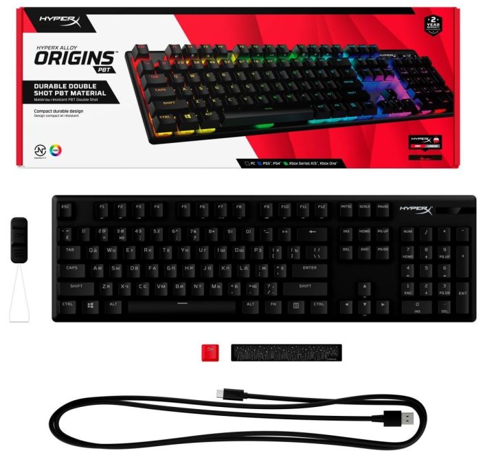 HyperX mechanical keyboard Alloy Origins PBT 104key, Red, USB-A, EN/UA, RGB, black
