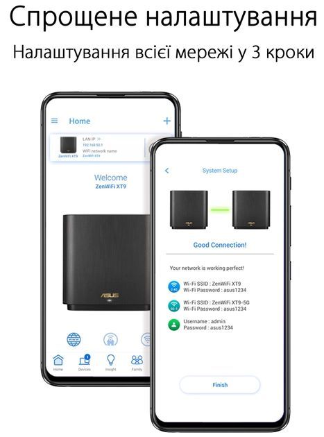 ASUS Router ZenWiFi XT9 AX7800, 3xGE LAN, 1x2.5GE WAN, 1xUSB 3.2, 2 мод, чорний
