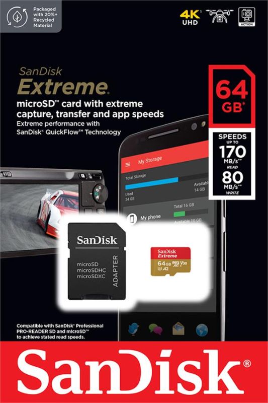 SanDisk microSD   64GB C10 UHS-I U3 R170/W80MB/s Extreme V30 + SD