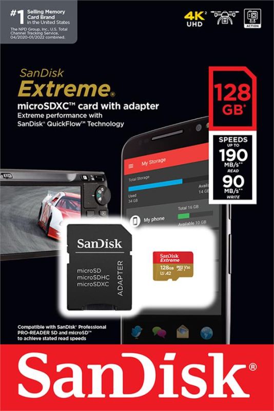 Карта памяти SanDisk microSD  128GB C10 UHS-I U3 R190/W90MB/s Extreme V30 + SD
