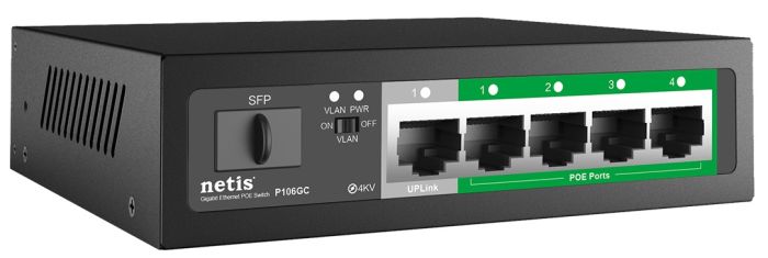 Switch  6xGE (4xPoE, 1xUplink, 1xSFP), 60W, Unmanaged Netis P106GC