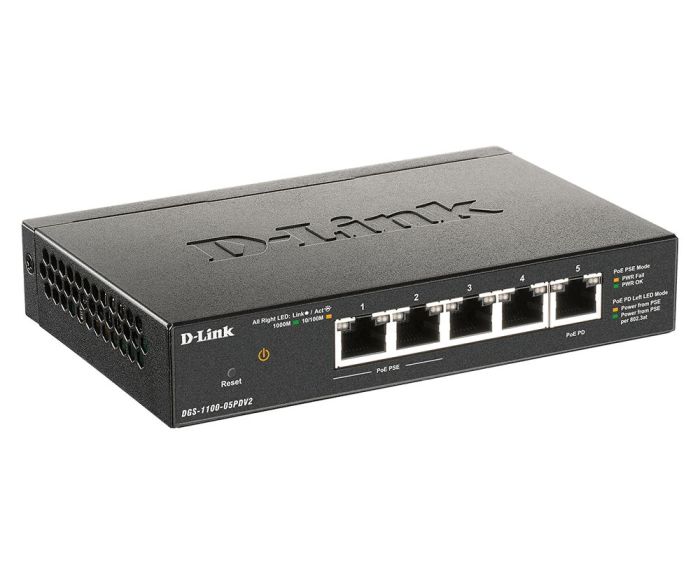 Коммутатор D-Link DGS-1100-05PD 5xGE, (2xGE, 2xGE PoE, 1xGE PD), EasySmart