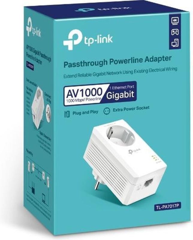 Адаптер Powerline TP-LINK  AV1000, 1xGE, Розетка TP-Link TL-PA7017P