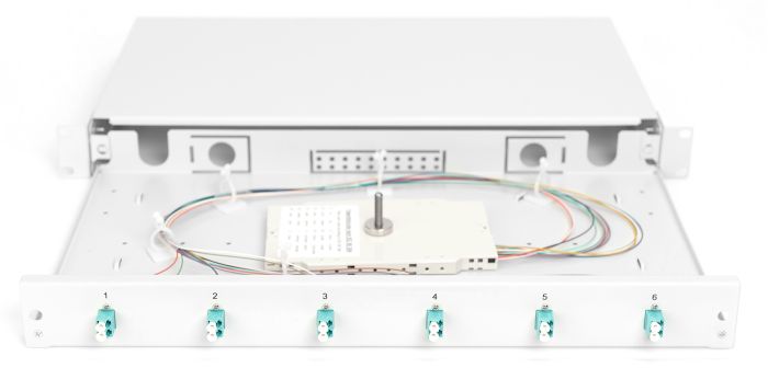 DIGITUS FO splice box, 1U, equipped, 6x LC DX, OM3 incl. splice cassette, colored pigtails, couplers