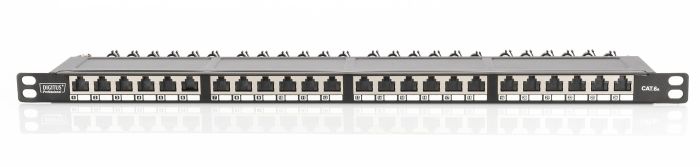 DIGITUS CAT 6A Class EA patch panel, shielded 0.5U, 24-port RJ45, incl. dust cover, 8P8C, color black RAL 9005