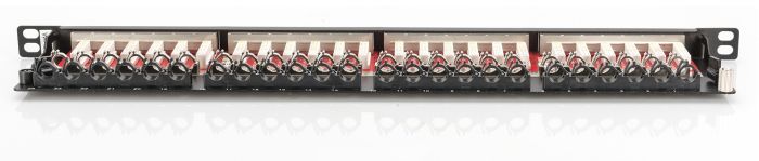 DIGITUS CAT 6A Class EA patch panel, shielded 0.5U, 24-port RJ45, incl. dust cover, 8P8C, color black RAL 9005
