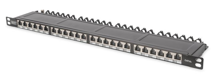 DIGITUS CAT 6A Class EA patch panel, shielded 0.5U, 24-port RJ45, incl. dust cover, 8P8C, color black RAL 9005