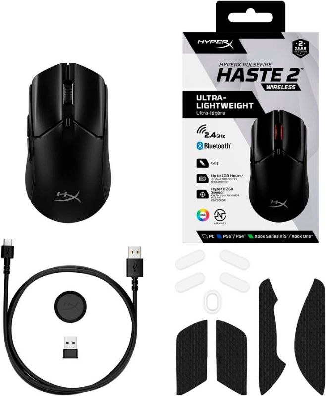 HyperX Mouse Pulsefire Haste 2, RGB, USB-A/WL/BT, black