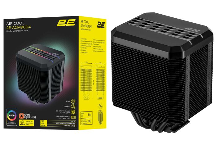2E GAMING CPU cooler Air Cool ACM90D4, ARGB LGA 1700, 2011, 1366, 1200, 115x, AM5, AM4, AM3, 4pin PWM, TDP 180W