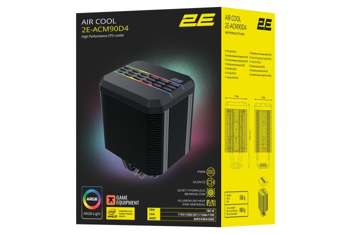 2E GAMING CPU cooler Air Cool ACM90D4, ARGB LGA 1700, 2011, 1366, 1200, 115x, AM5, AM4, AM3, 4pin PWM, TDP 180W
