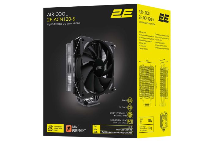 Процесорний кулер 2E GAMING Air Cool ACN120-S, LGA1851, 1700, 1366, 1200, 115x, AM5, AM4, AM3, AM3+, AM2, AM2+, FM2, FM1, 4pin PWM, TDP 180W