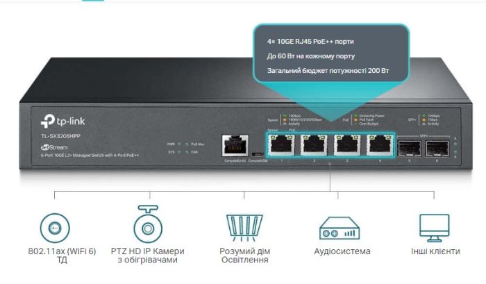 TP-LINK Switch  4x10GE(4xPoE+), 2xSFP+, 200W, Managed L2 TP-Link TL-SX3206HPP