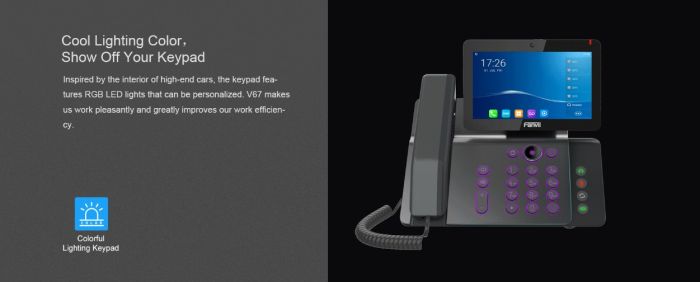 Телефон IP   2xGE LAN, 1xUSB-A, BT 4.2, Wi-Fi, 20 SIP ліній, SW Linux, PoE, 7" кольоровий тач-дисплей, 116 DSS клавіш, камера 1080p30, Android 9.0 Fanvil V67