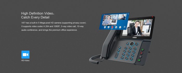 Телефон IP   2xGE LAN, 1xUSB-A, BT 4.2, Wi-Fi, 20 SIP ліній, SW Linux, PoE, 7" кольоровий тач-дисплей, 116 DSS клавіш, камера 1080p30, Android 9.0 Fanvil V67