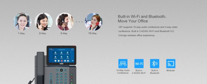 Телефон IP   2xGE LAN, 1xUSB-A, BT 4.2, Wi-Fi, 20 SIP ліній, SW Linux, PoE, 7" кольоровий тач-дисплей, 116 DSS клавіш, камера 1080p30, Android 9.0 Fanvil V67