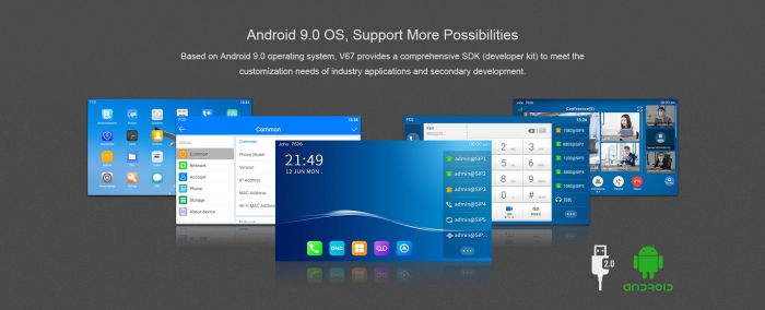 Телефон IP   2xGE LAN, 1xUSB-A, BT 4.2, Wi-Fi, 20 SIP ліній, SW Linux, PoE, 7" кольоровий тач-дисплей, 116 DSS клавіш, камера 1080p30, Android 9.0 Fanvil V67