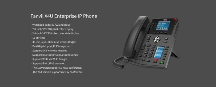 IP-Phone  2xGE LAN, 1xUSB-A, SIP, VPN, PoE, 2.8" color screen Fanvil X4U