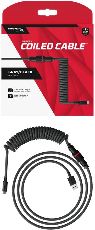Кабель заряджання/синхронізації HyperX USB-A > USB-C, спіральний, 1.37м, сіро-чорний