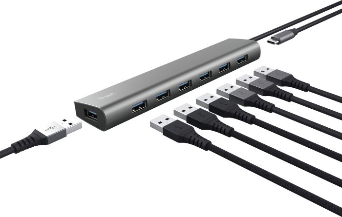 Хаб Trust Halyx 7-IN-1 USB-A > 7xUSB-А 3.2, Алюміній, 0.8м, чорний