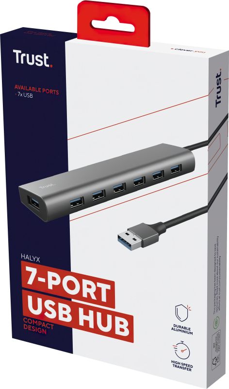 Хаб Trust Halyx 7-IN-1 USB-A > 7xUSB-А 3.2, Алюміній, 0.8м, чорний