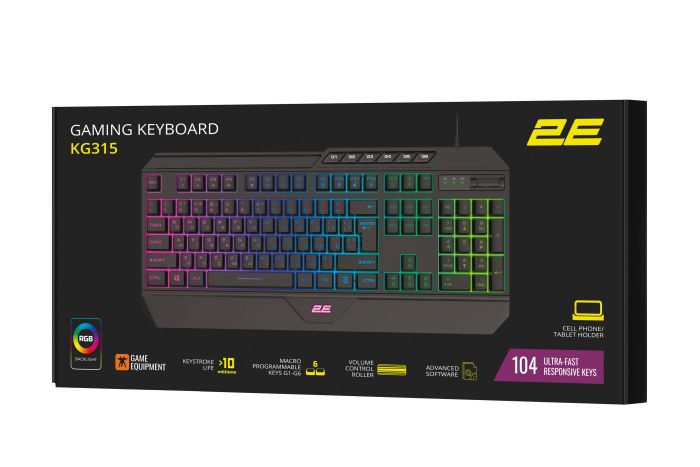 Клавиатура мембранная 2E GAMING KG315 110key, USB-A, EN/UA, RGB, чёрный