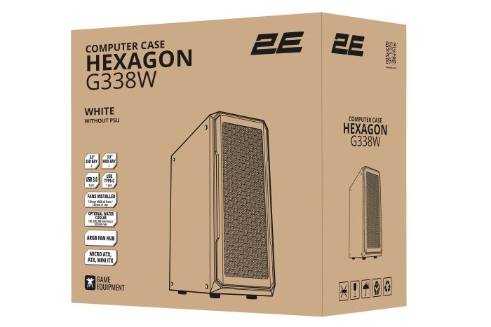 Корпус 2E GAMING Hexagon G338W без БЖ 2xUSB3.0, 1xUSBType-C, 3x120мм ARGB, 1x120мм, VGA 330мм, LCS ready, HUB, TG Side Panel, ATX, білий
