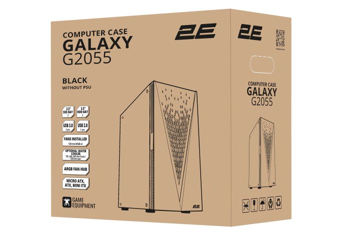 2E GAMING PC case Galaxy G2055 without PSU, 2xUSB3.0, 1xUSB2.0, 3x120mm ARGB, VGA 345mm, LCS ready, HUB, TG Side Panel, ATX, black